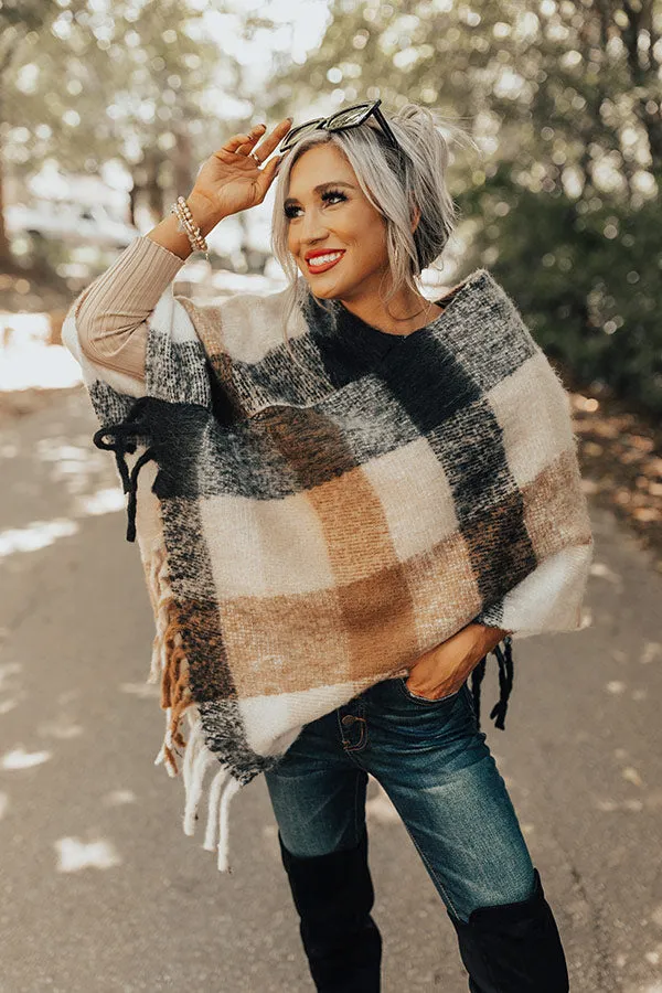 Cozy Debut Plaid Poncho In Camel