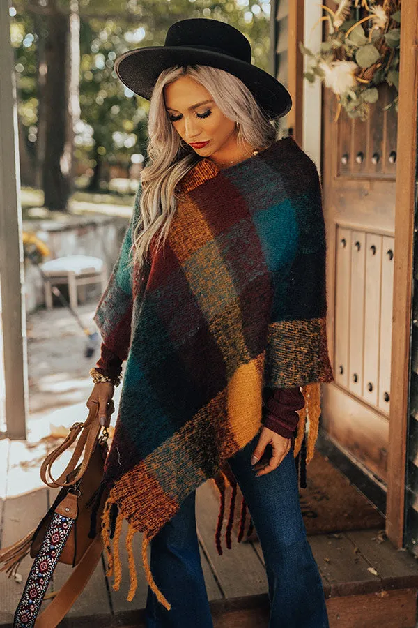 Cozy Debut Plaid Poncho In Maroon