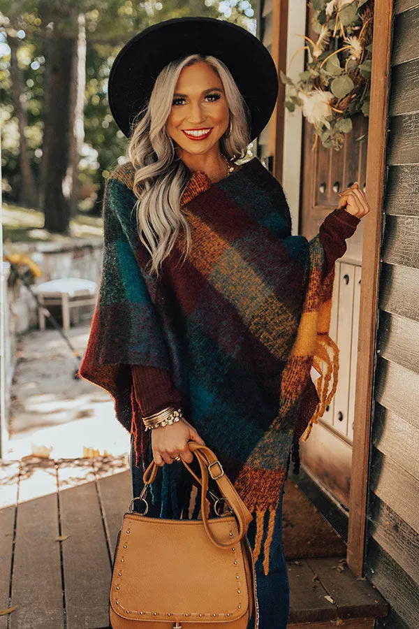 Cozy Debut Plaid Poncho In Maroon