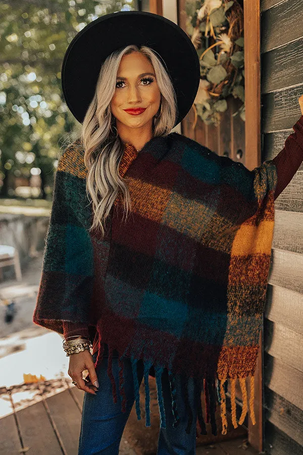 Cozy Debut Plaid Poncho In Maroon