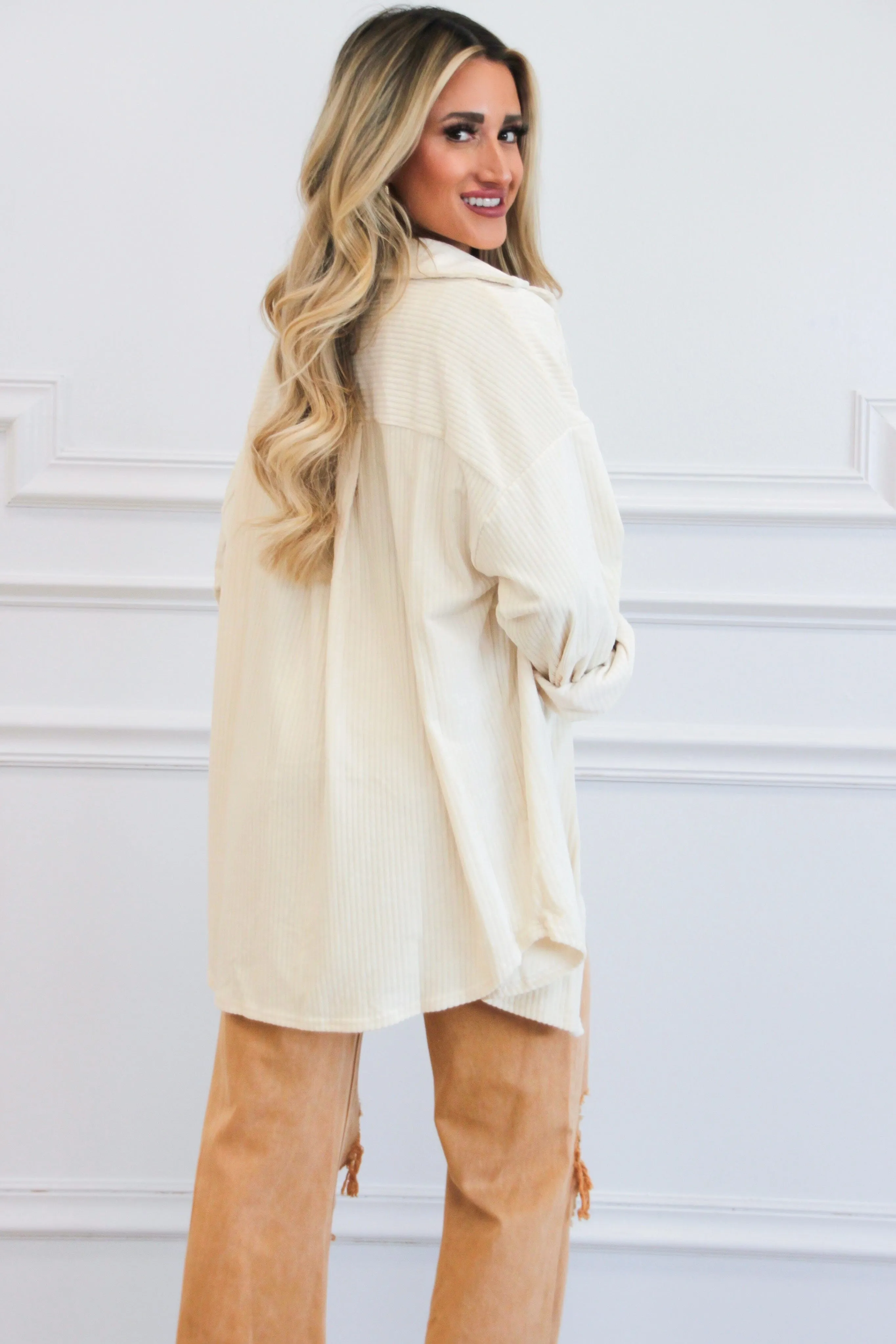 Cozy Soft Holidays Corduroy Button Down Tunic Dress: Cream