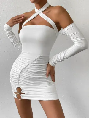 Cross Neck Bodycon Mini Off Shoulder Long Sleeve Hollow Out Back Pleated Wrapped Hip Skirt Cut Out Dress