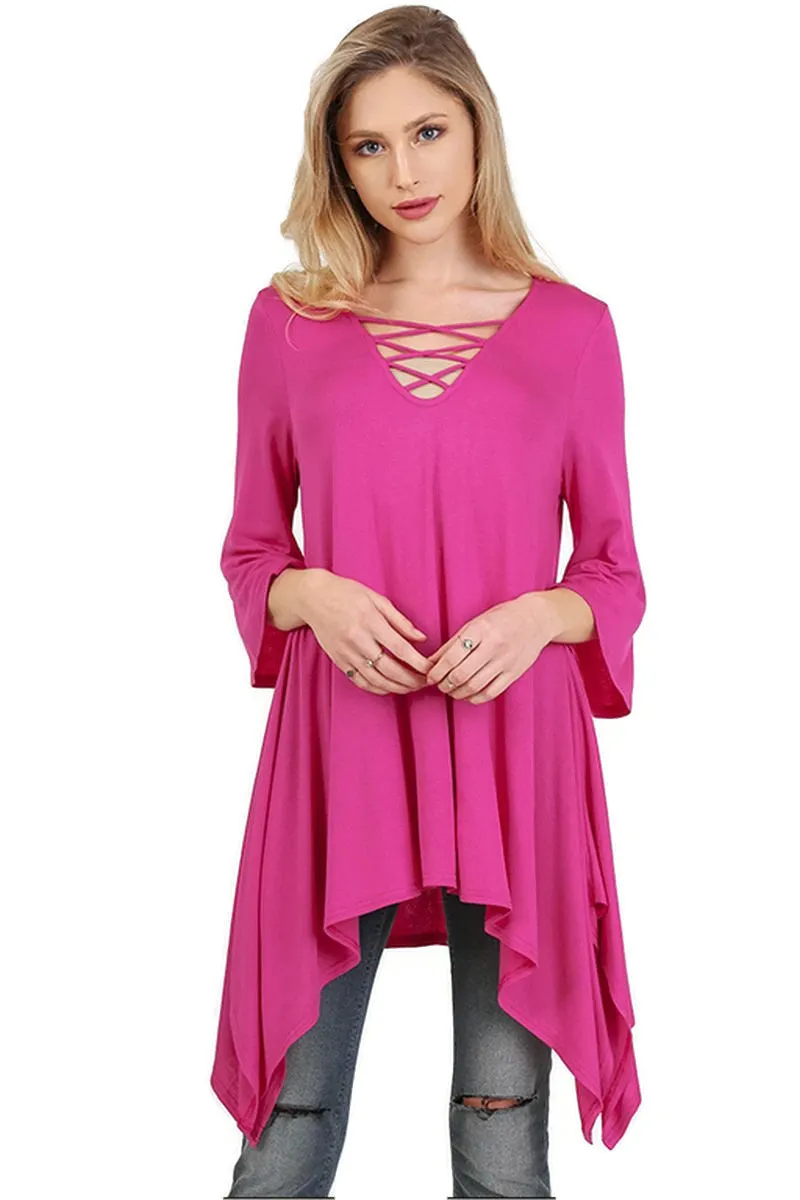 Crossed Bell Sleeve Asymmetrical Tunic, Raspberry