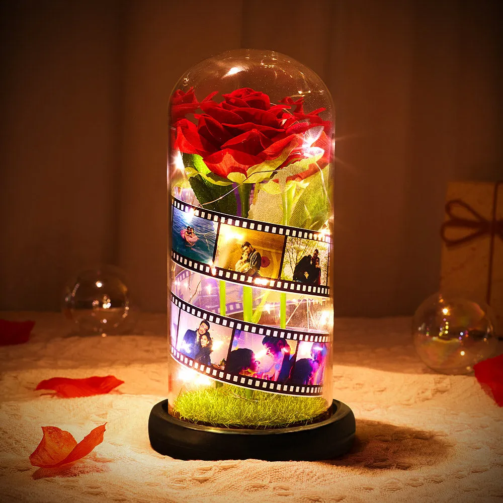 Custom Rose Flower in Glass Led Lamp Photo Album with Film Black Base Gift for Her