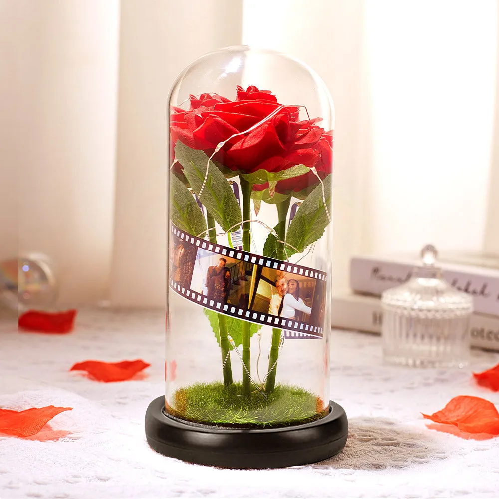 Custom Rose Flower in Glass Led Lamp Photo Album with Film Black Base Gift for Her