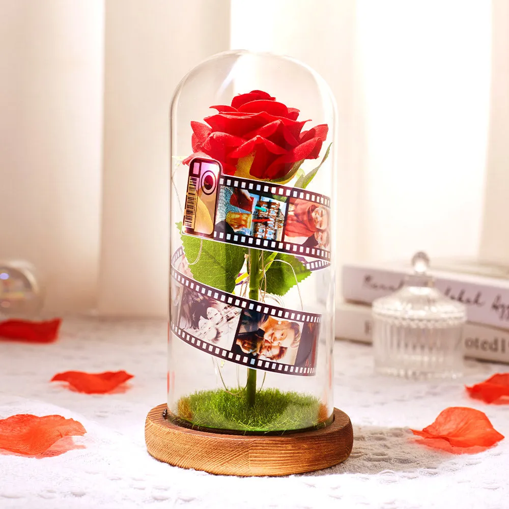 Custom Rose Flower in Glass Led Lamp Photo Album with Film Black Base Gift for Her