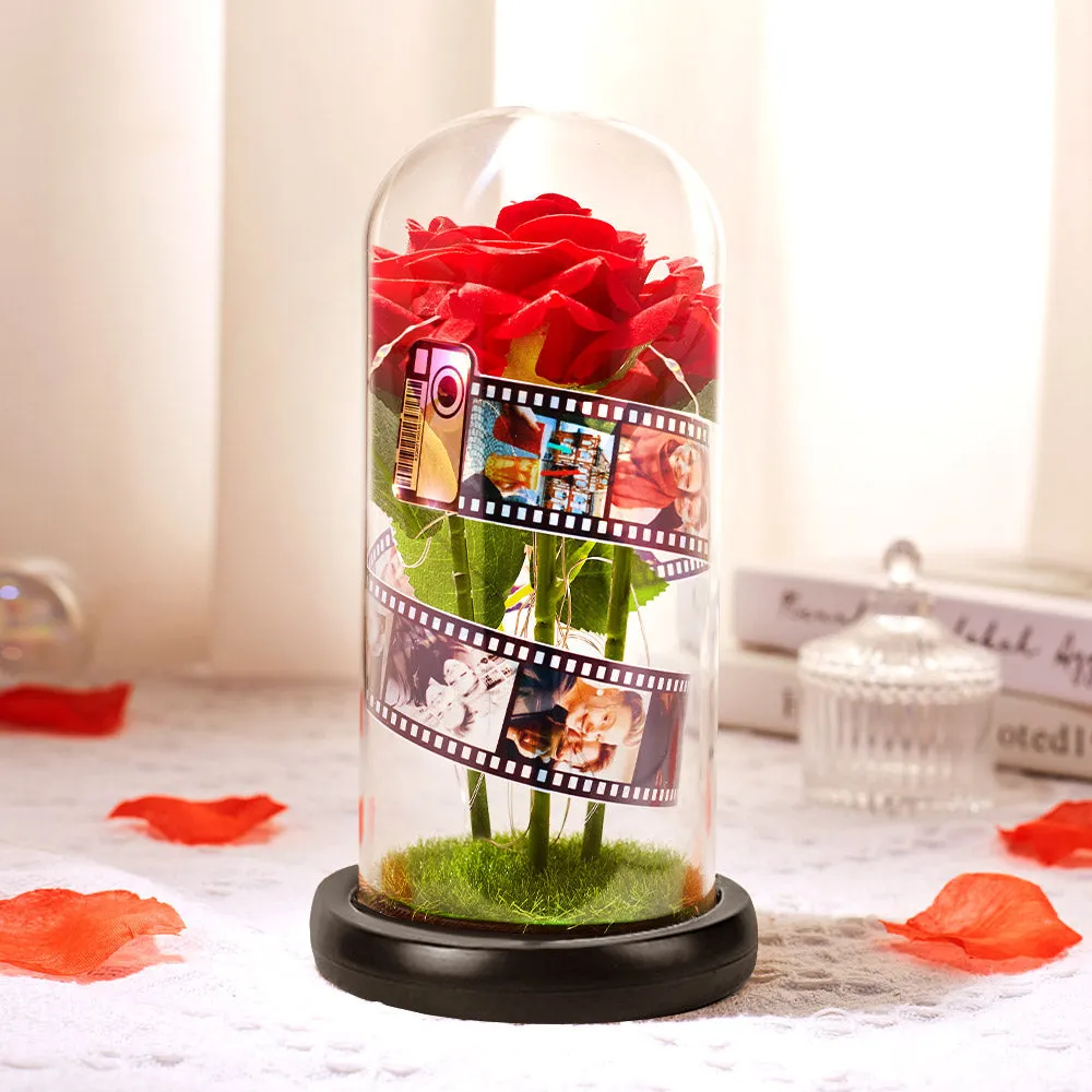 Custom Rose Flower in Glass Led Lamp Photo Album with Film Black Base Gift for Her