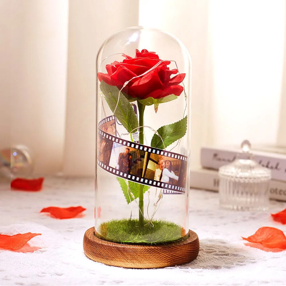 Custom Rose Flower in Glass Led Lamp Photo Album with Film Black Base Gift for Her