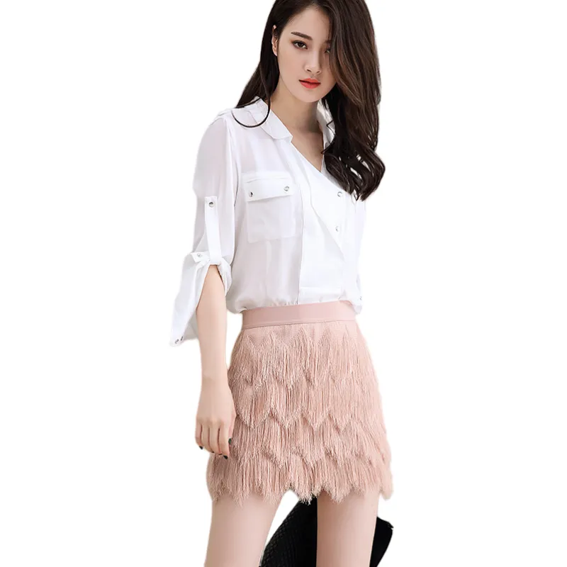 D165 Women multi layers fringes mini party skirt