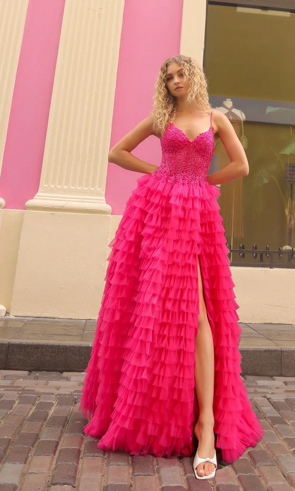 DANAE Tiered Ruffled Slit Ball Gown School Formal & Prom Dress