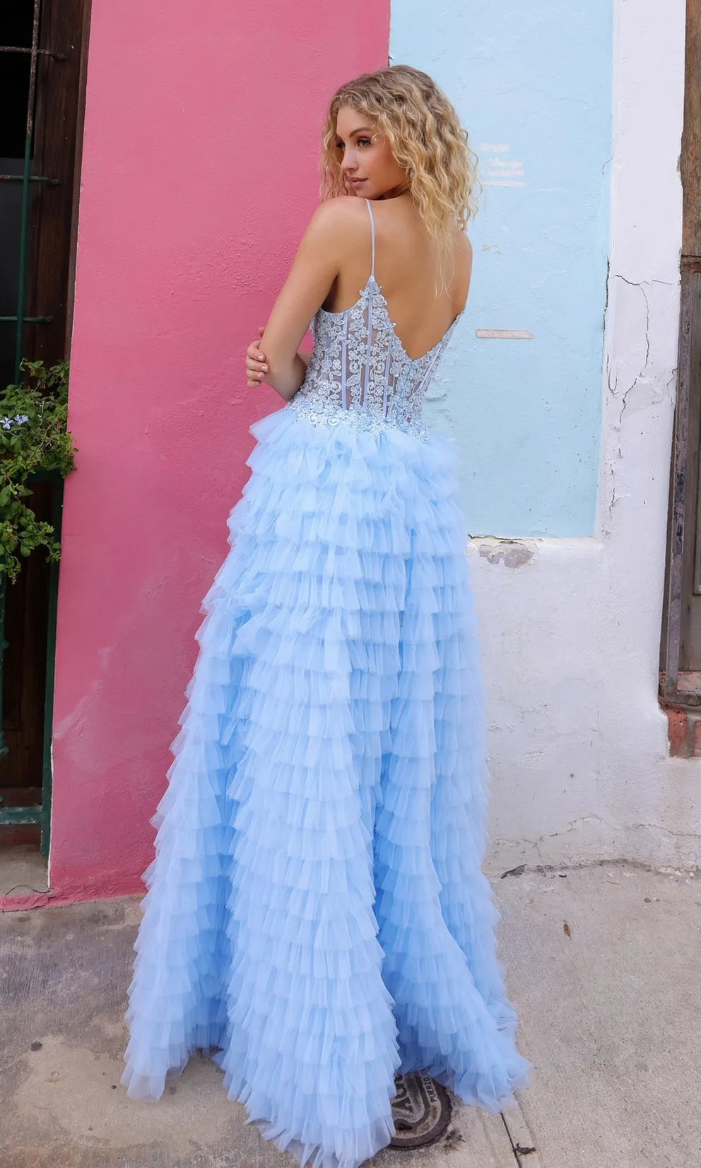 DANAE Tiered Ruffled Slit Ball Gown School Formal & Prom Dress