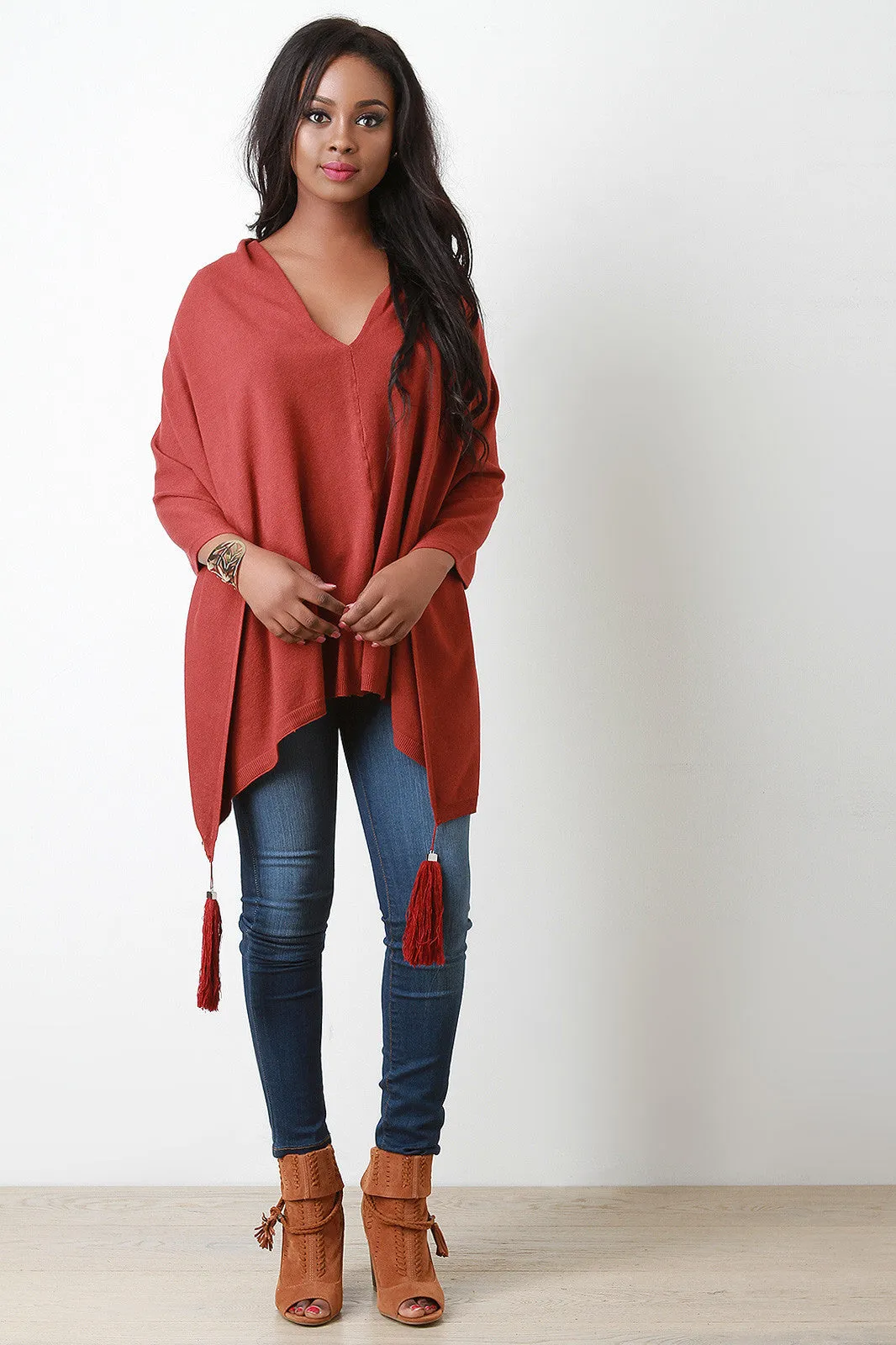 Deep V-Neck Tassel Handkerchief Poncho