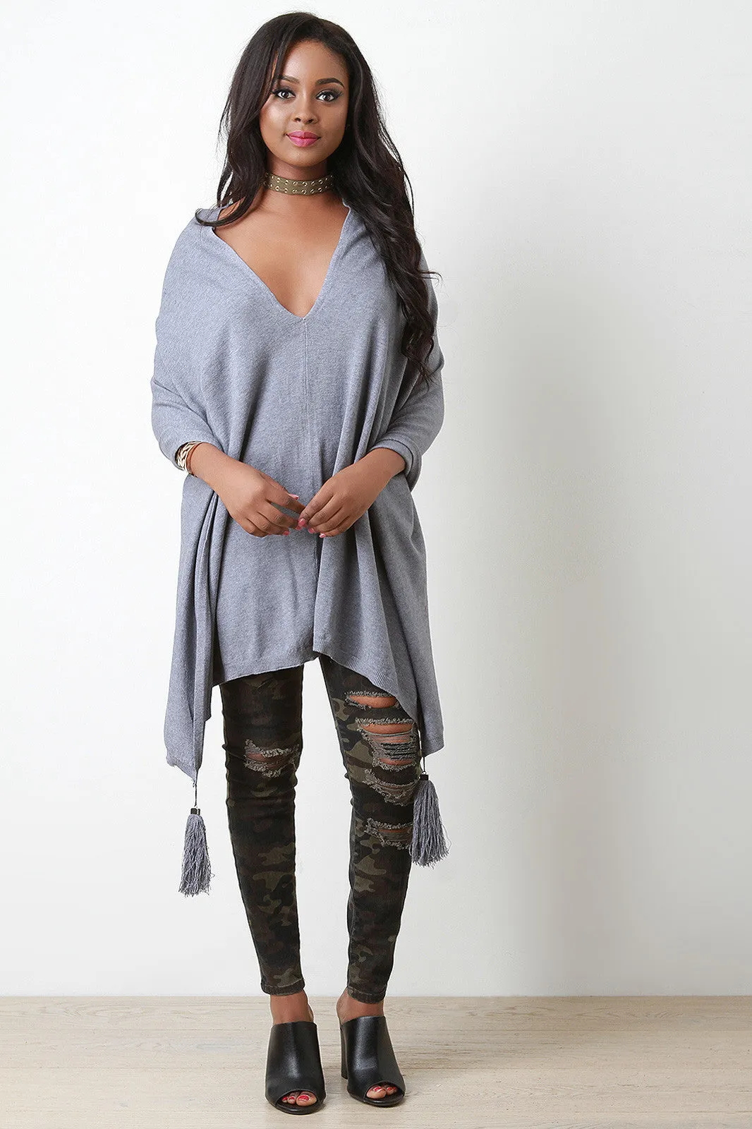 Deep V-Neck Tassel Handkerchief Poncho