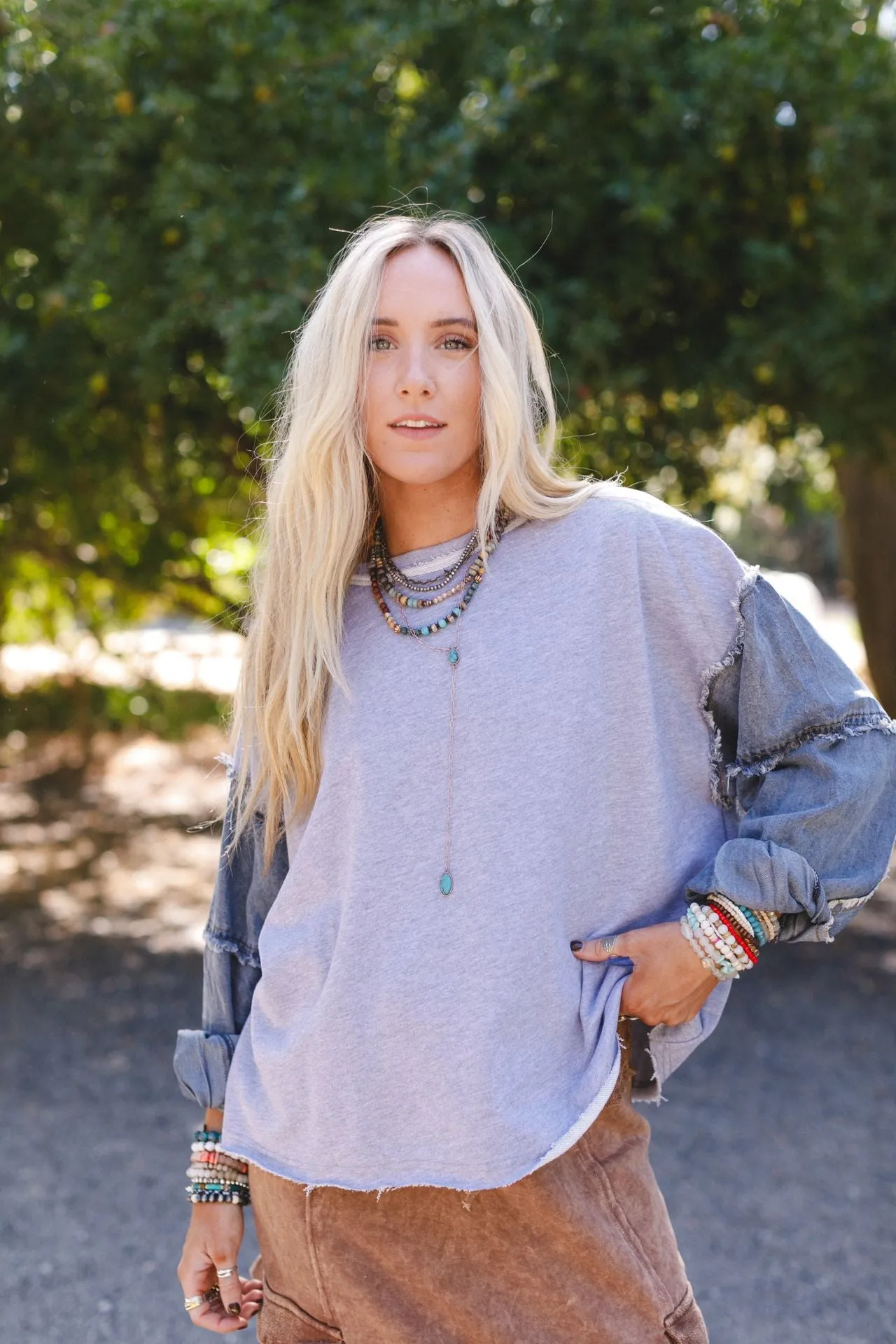 Denim Dream Pullover Top - Heather Gray