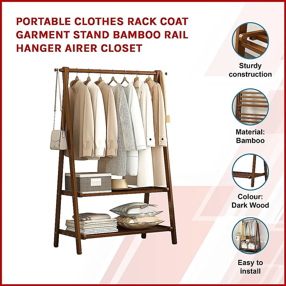 Eco-Friendly Bamboo Clothes Rack with Shelves - Dark Wood