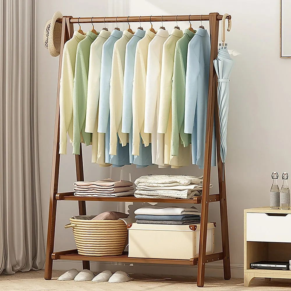 Eco-Friendly Bamboo Clothes Rack with Shelves - Dark Wood