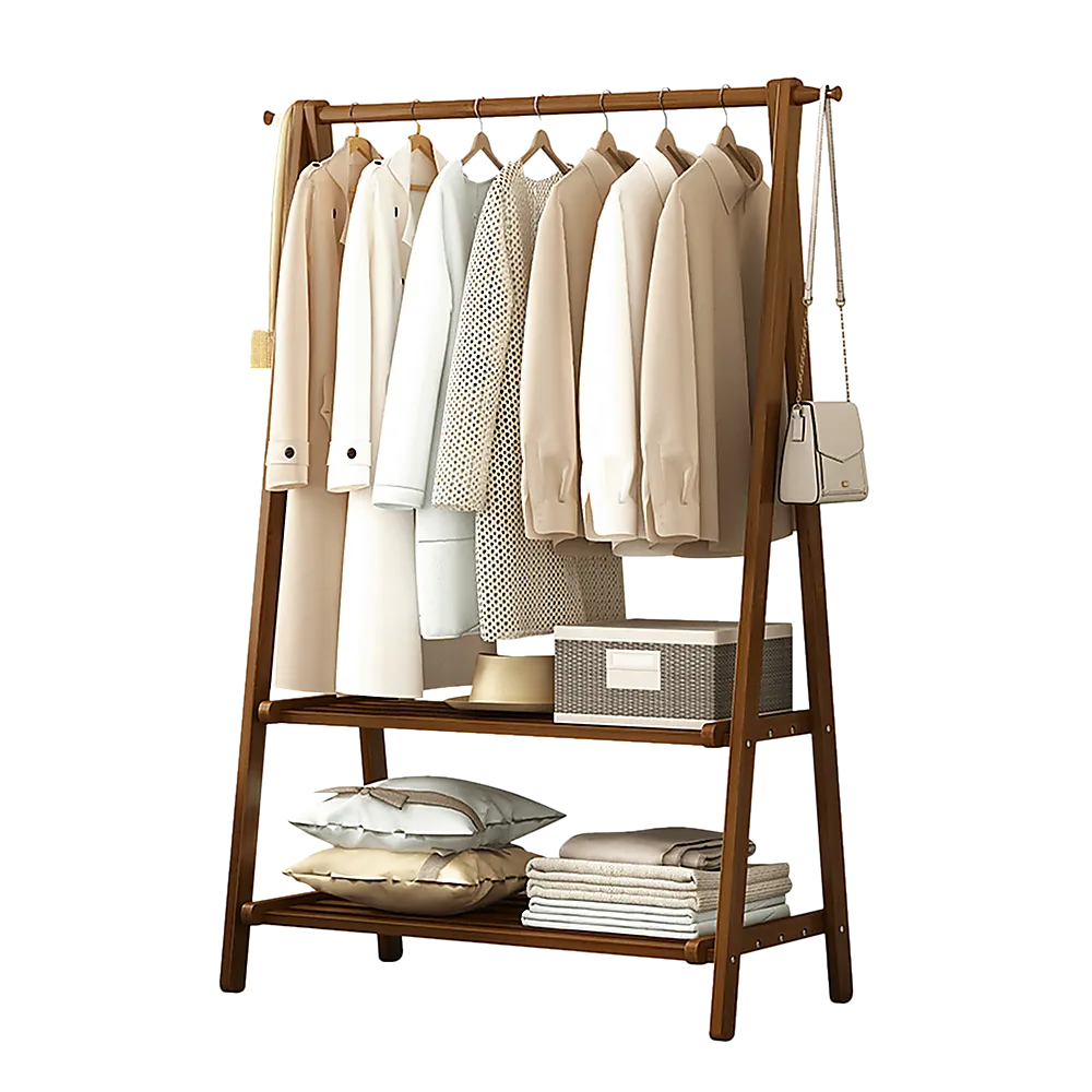 Eco-Friendly Bamboo Clothes Rack with Shelves - Dark Wood