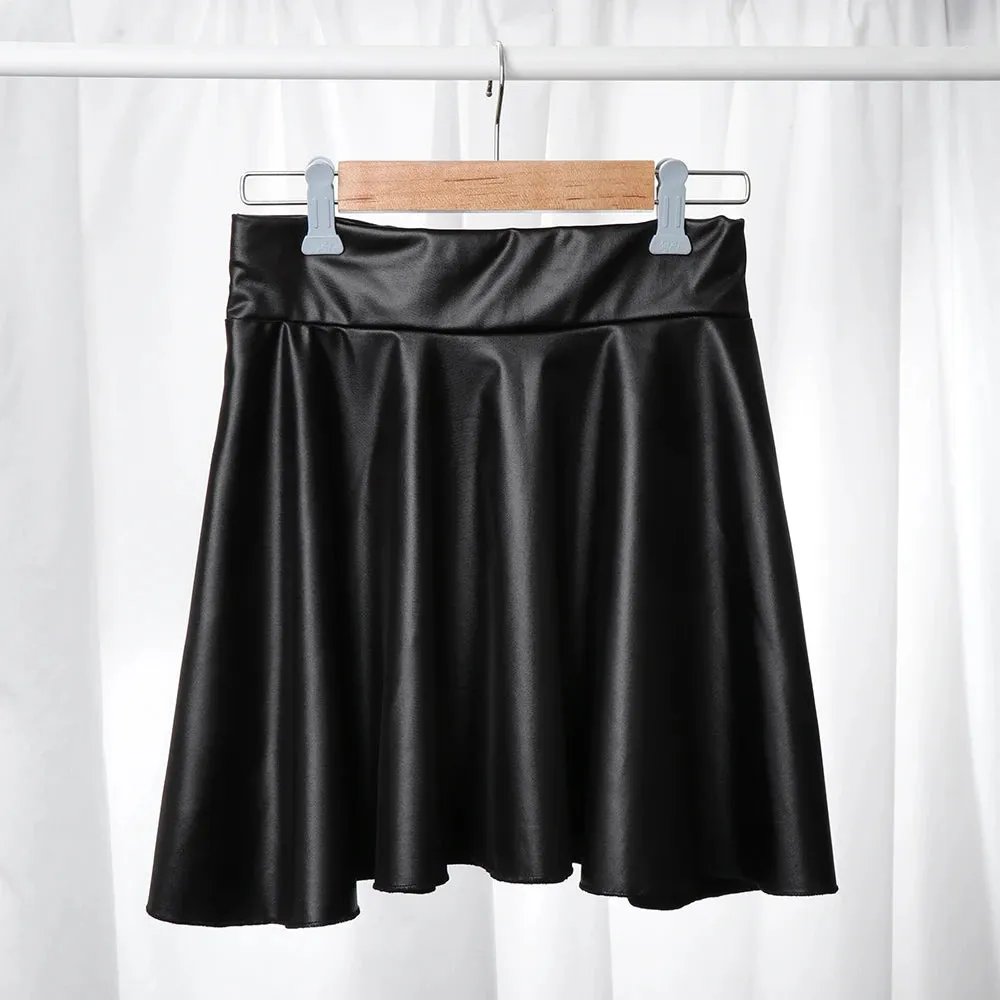 Elastic High Waist Faux Leather Skater Trendy Comfortable Stylish Chic Mini Skirt