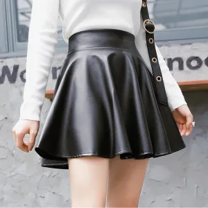 Elastic High Waist Faux Leather Skater Trendy Comfortable Stylish Chic Mini Skirt