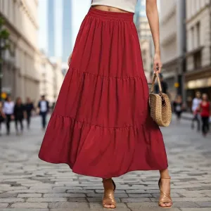 Elastic High Waist Pleated A Line Flowy Ruffle Swing Tiered Long Beach Vintage Casual Linen Summer Skirt