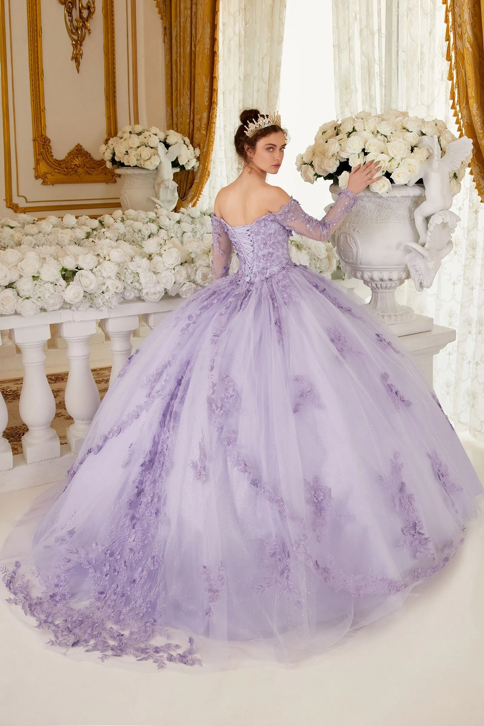 EVELORA Sheer Lace Long Sleeve Quinceañera Ball Gown Dress