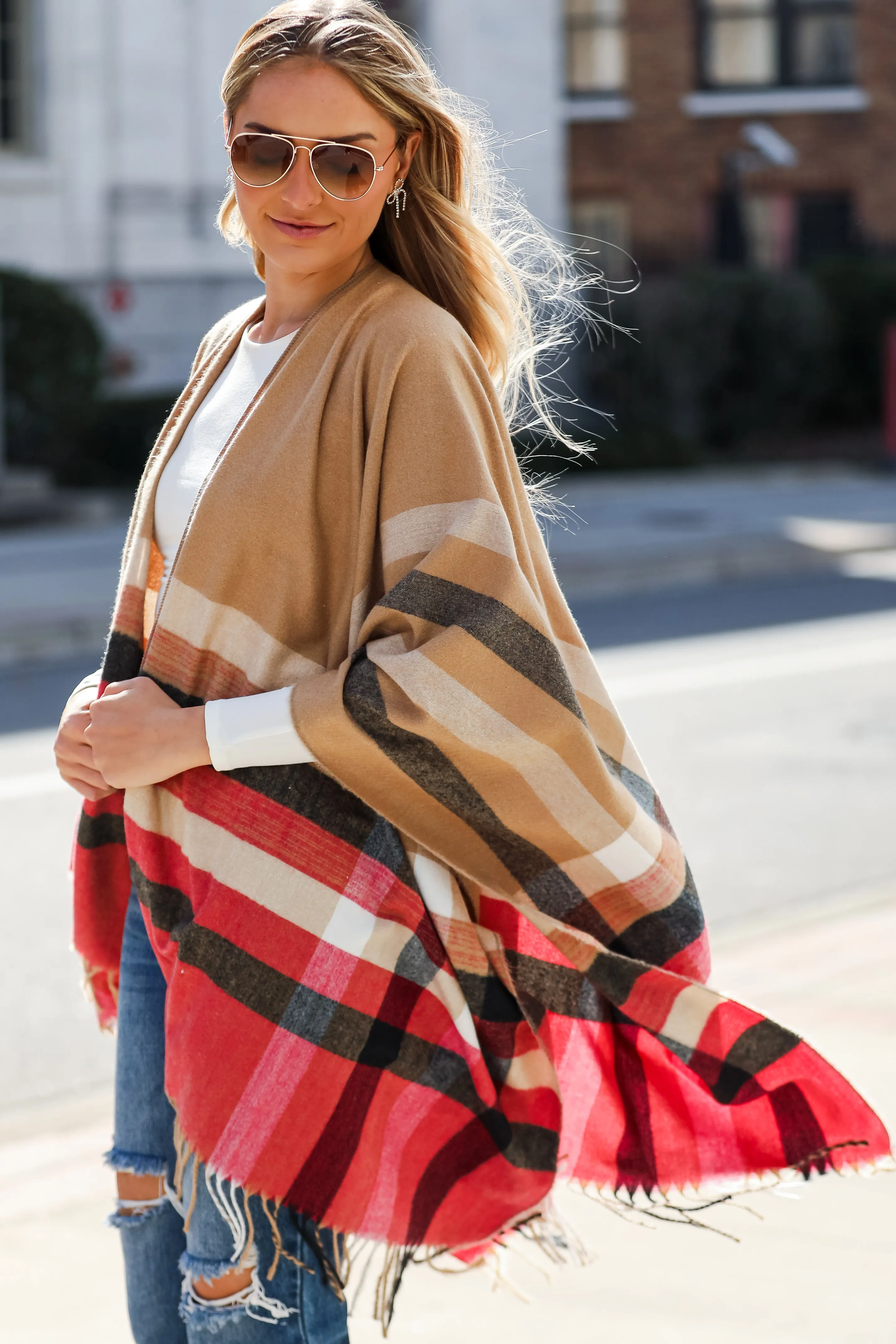 FINAL SALE - Most Wonderful Time Beige Plaid Fringe Shawl - DOORBUSTER