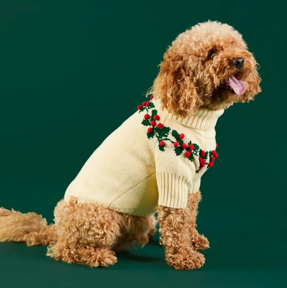 Foggy Dog Holly Bobble Holiday Dog Sweater