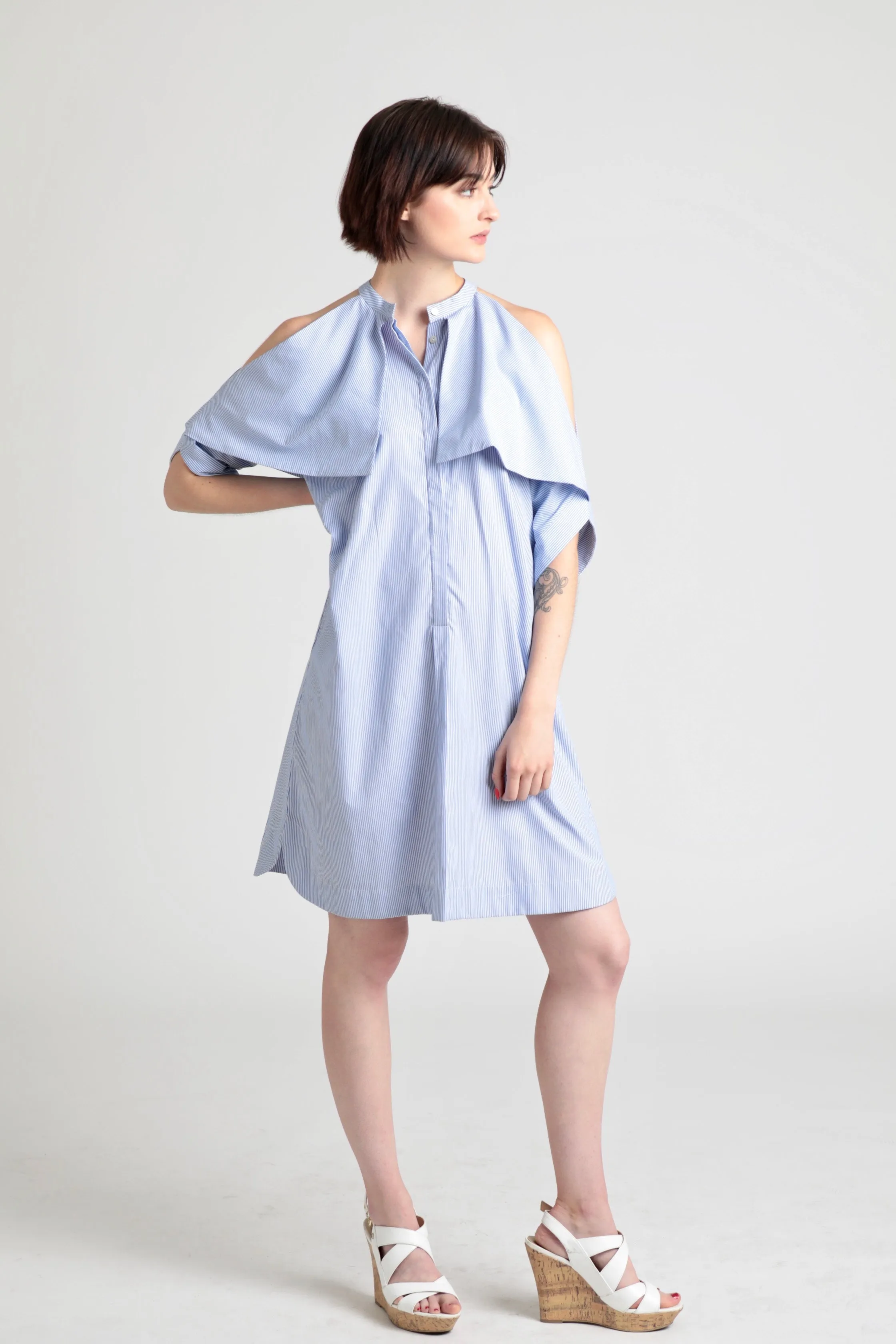 Fold-over open shoulder Cotton shirt dress