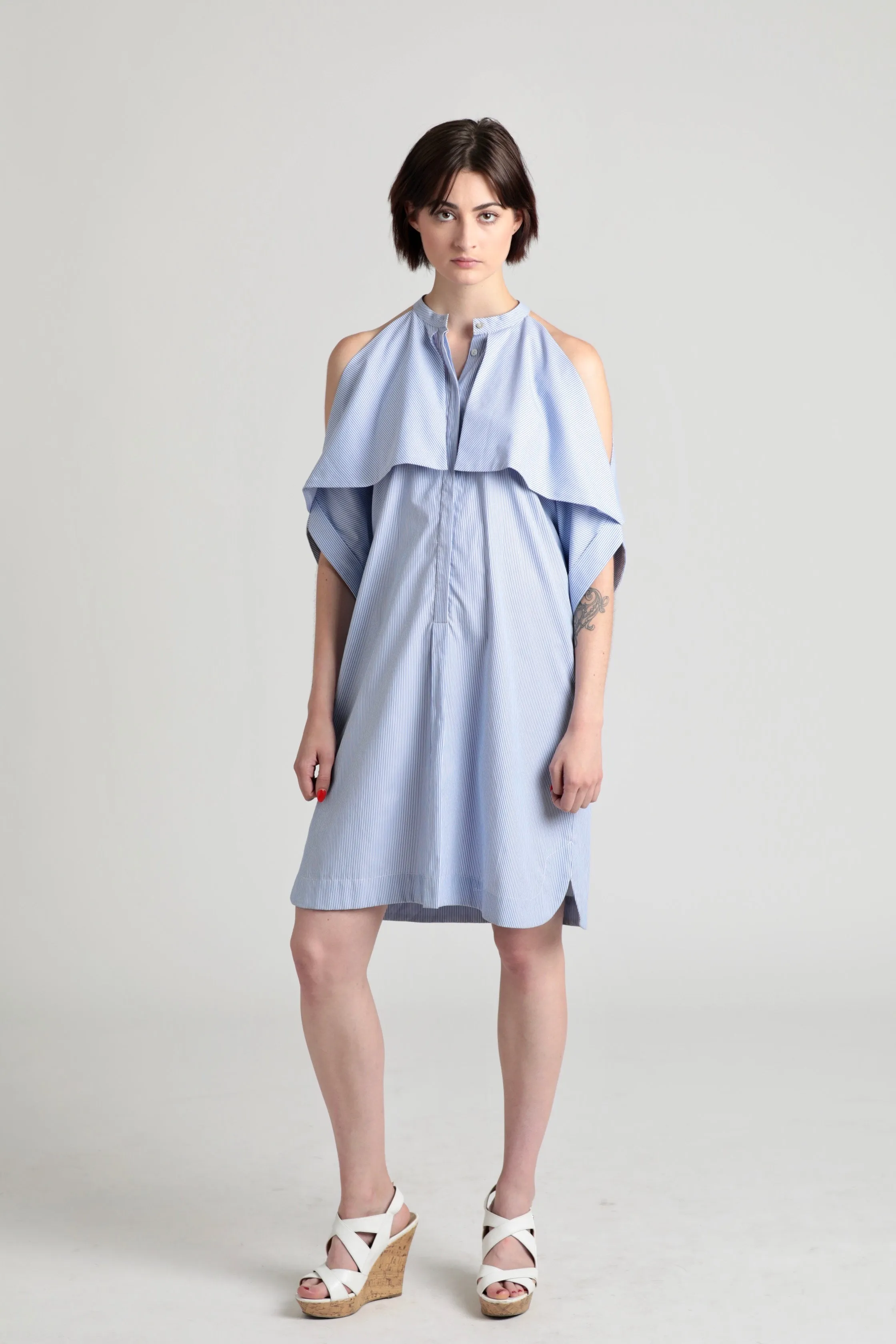 Fold-over open shoulder Cotton shirt dress