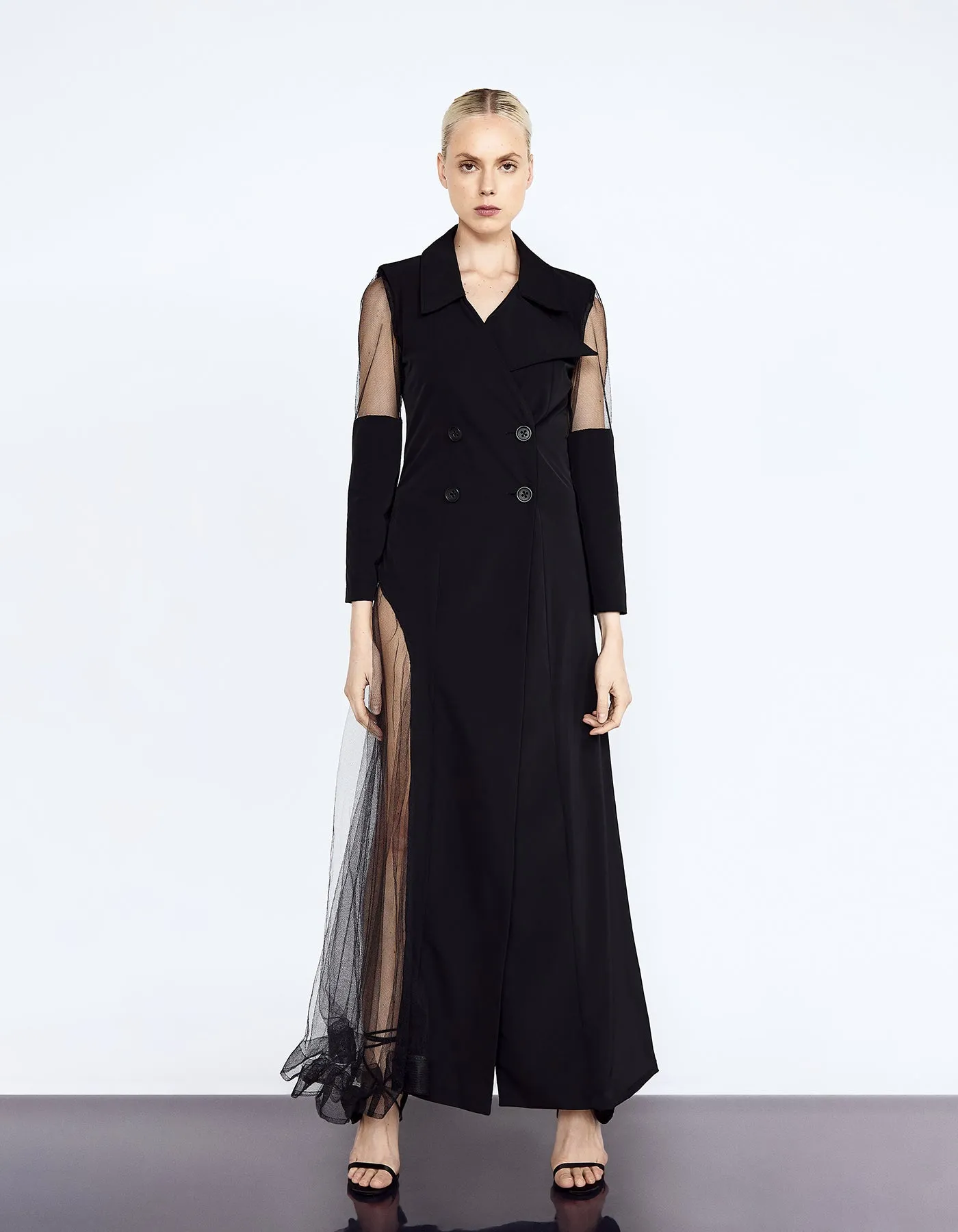 Formal Deconstructed Coat Tailored In Nylon And Tulle