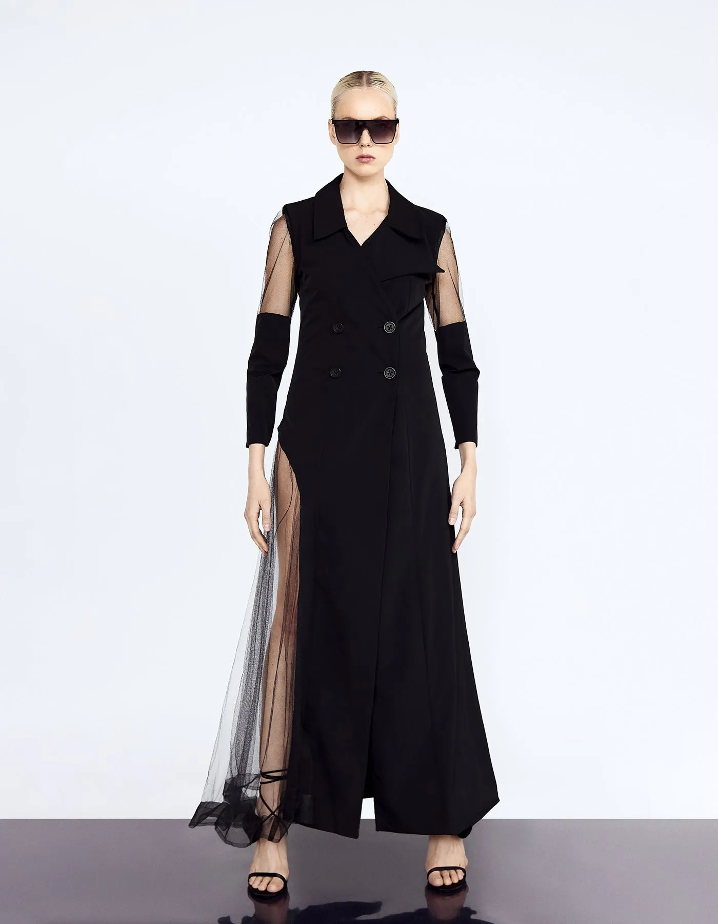 Formal Deconstructed Coat Tailored In Nylon And Tulle