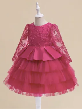 Fuchsia Floral Lace Party Dress with Tiered Tulle Skirt and Satin Bow