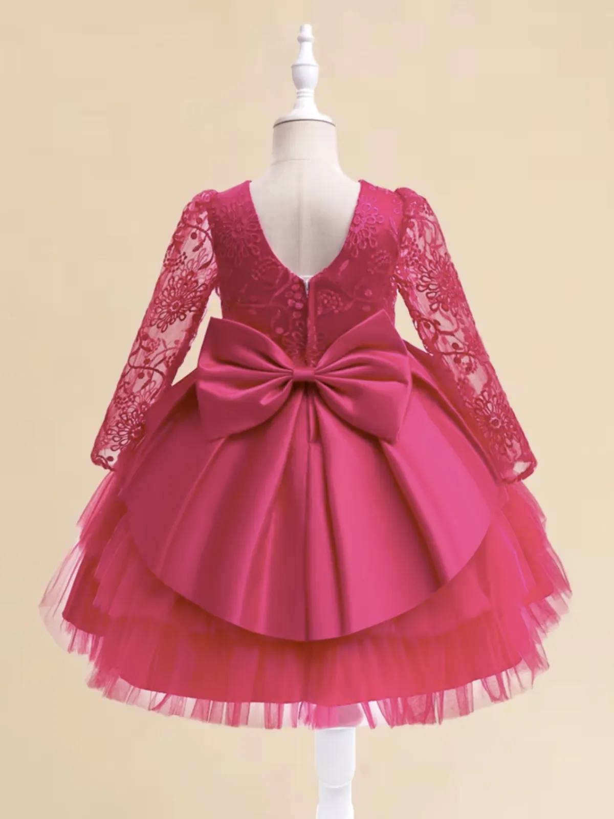 Fuchsia Floral Lace Party Dress with Tiered Tulle Skirt and Satin Bow