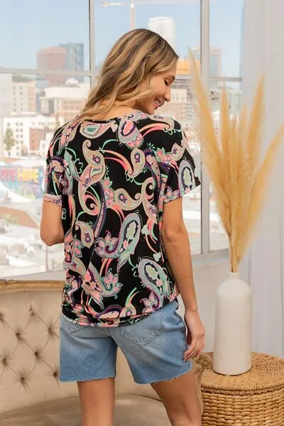 Full Size Paisley Print Round Neck Short Sleeve T-Shirt