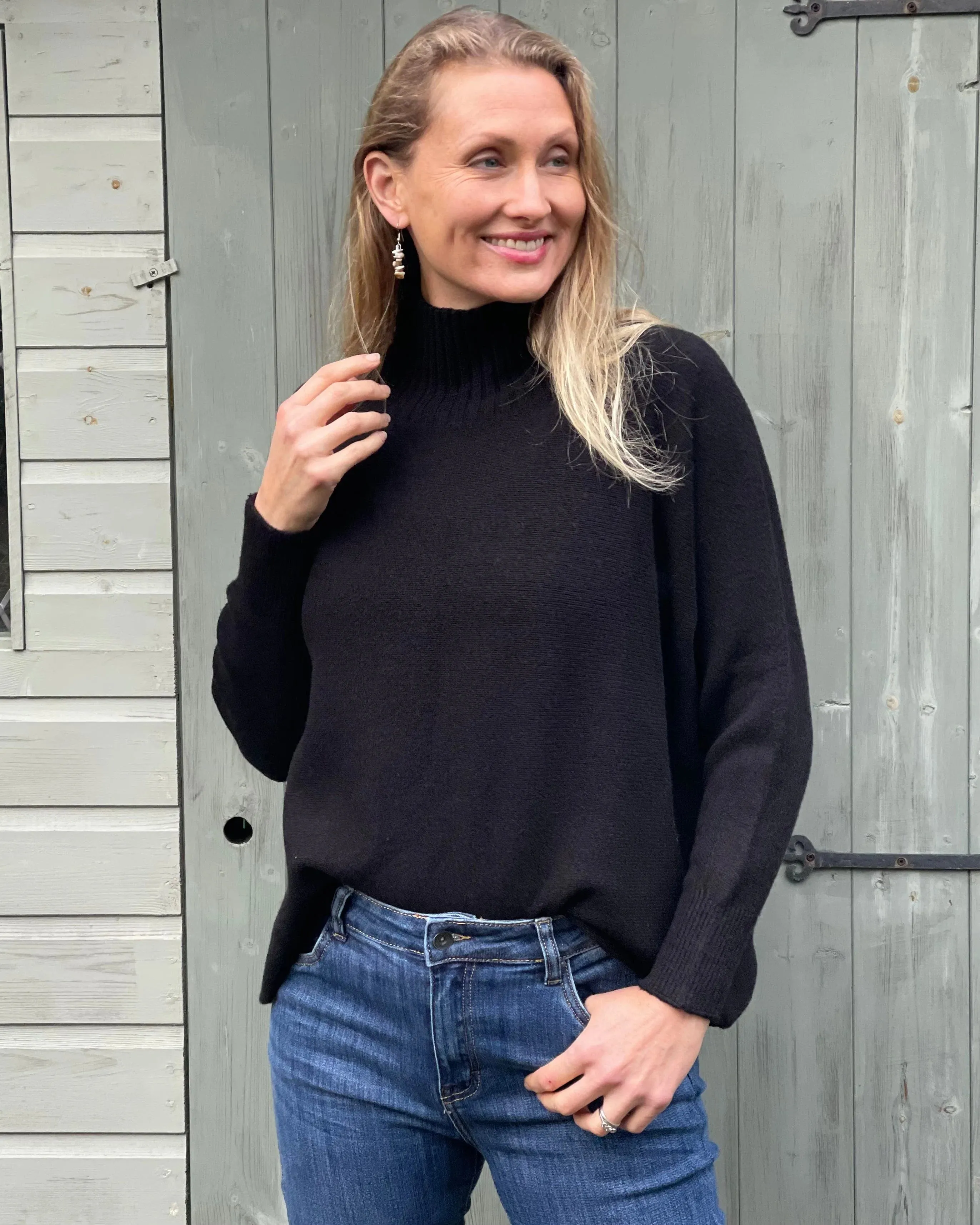 Funnel Neck Soft Knit Long Sleeve Jumper - Black