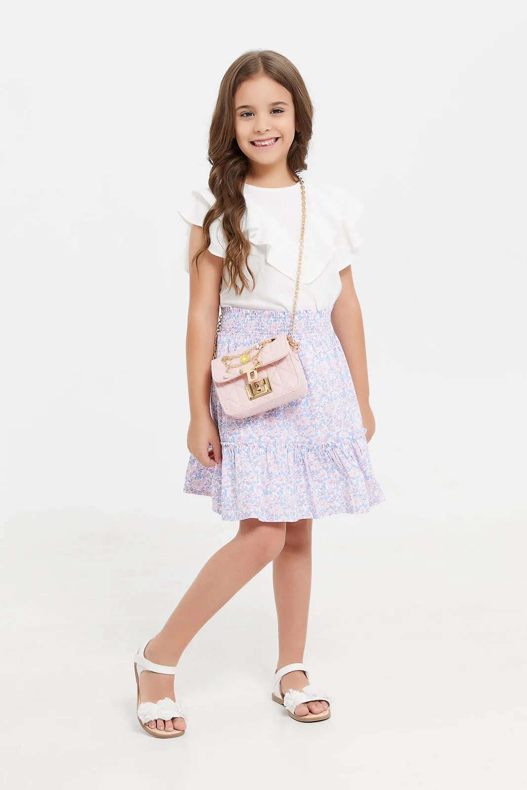 Girls Lilac Pleated Printed Skirt