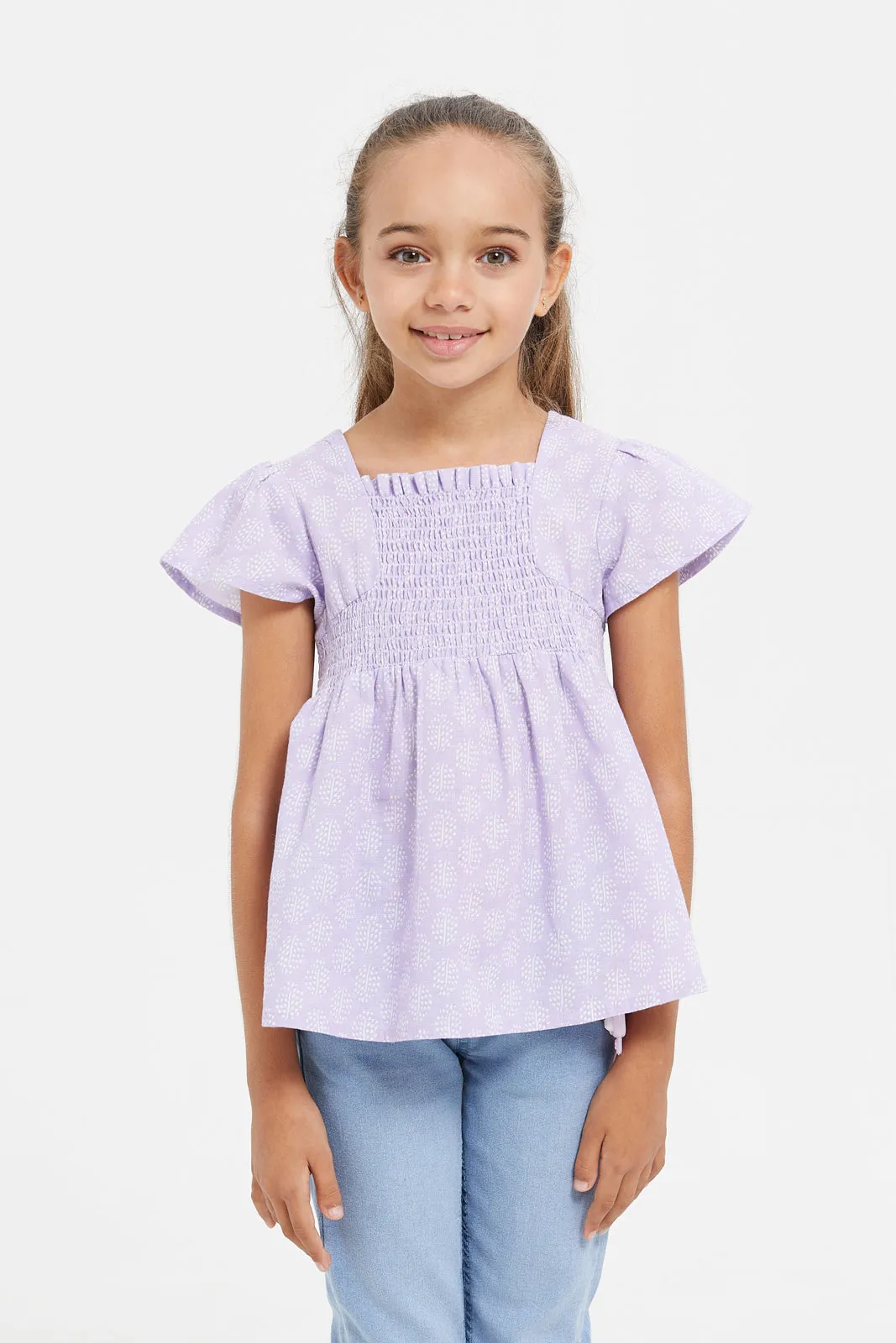 Girls Lilac Printed Cotton Flex Blouse