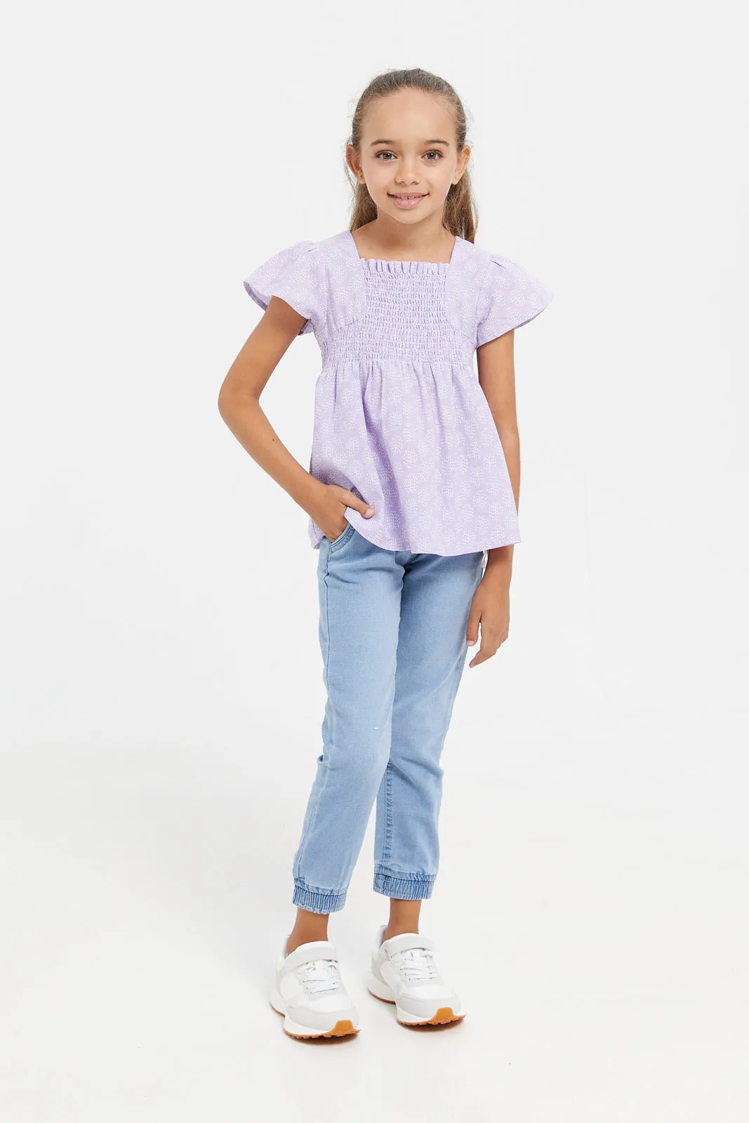 Girls Lilac Printed Cotton Flex Blouse