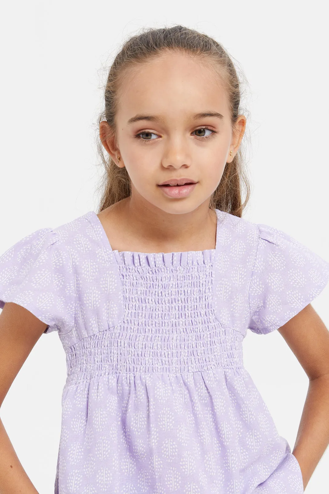 Girls Lilac Printed Cotton Flex Blouse