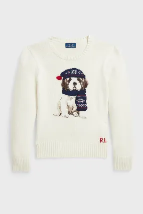 Girls Long-Sleeve Combed Cotton Novelty Dog Graphic Sweater