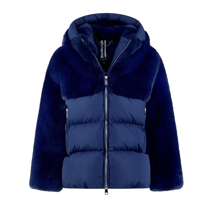 Girls Navy Fur Coat With Hood