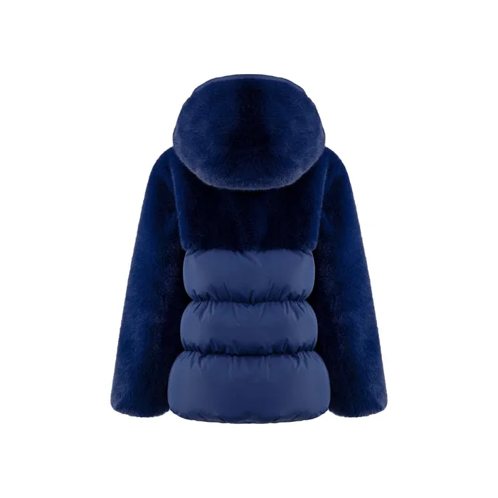 Girls Navy Fur Coat With Hood