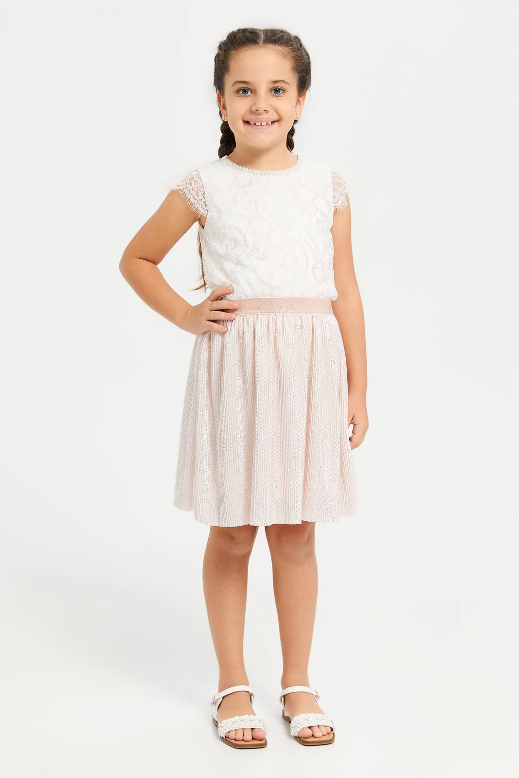 Girls Pink Pleated Embellished Skirt