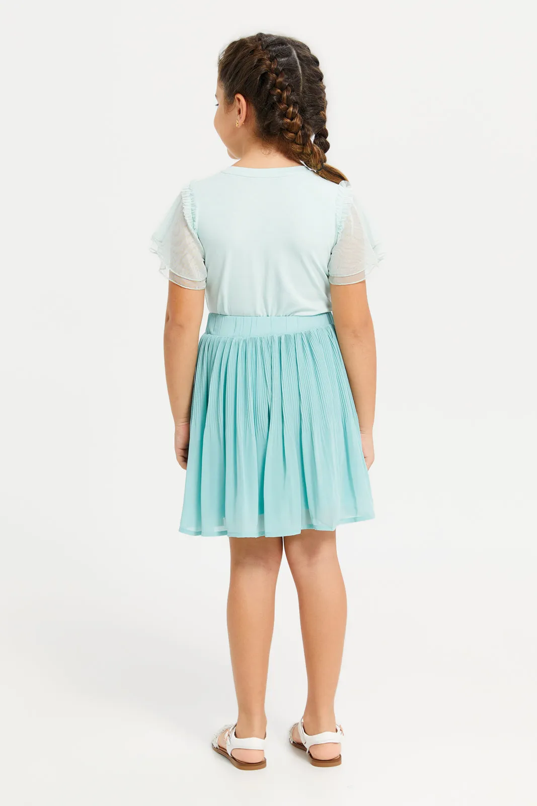 Girls Teal Pleated Skirt With T-Shirt Set (2 Piece)