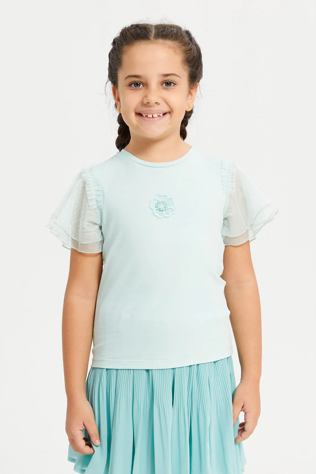 Girls Teal Pleated Skirt With T-Shirt Set (2 Piece)