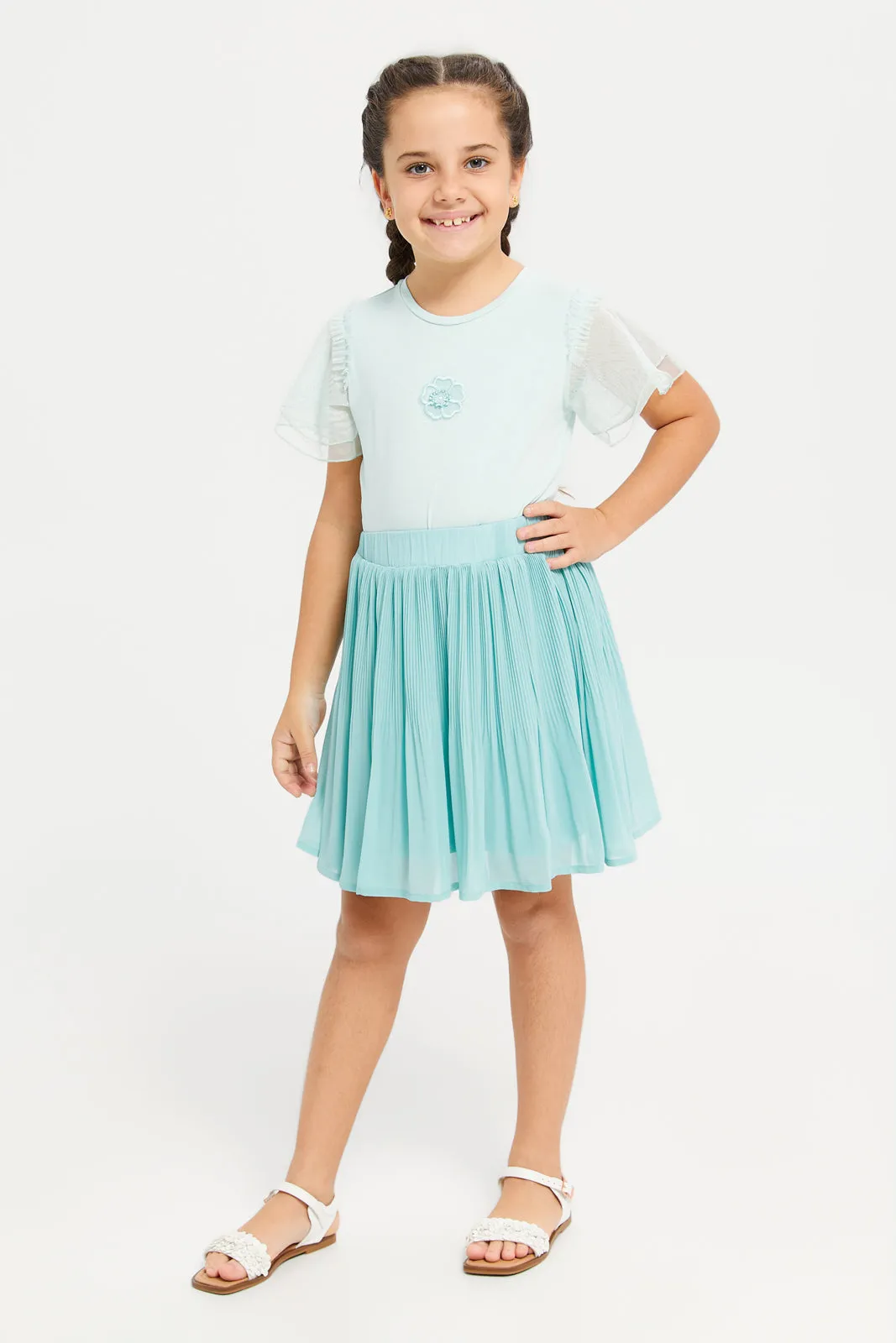 Girls Teal Pleated Skirt With T-Shirt Set (2 Piece)