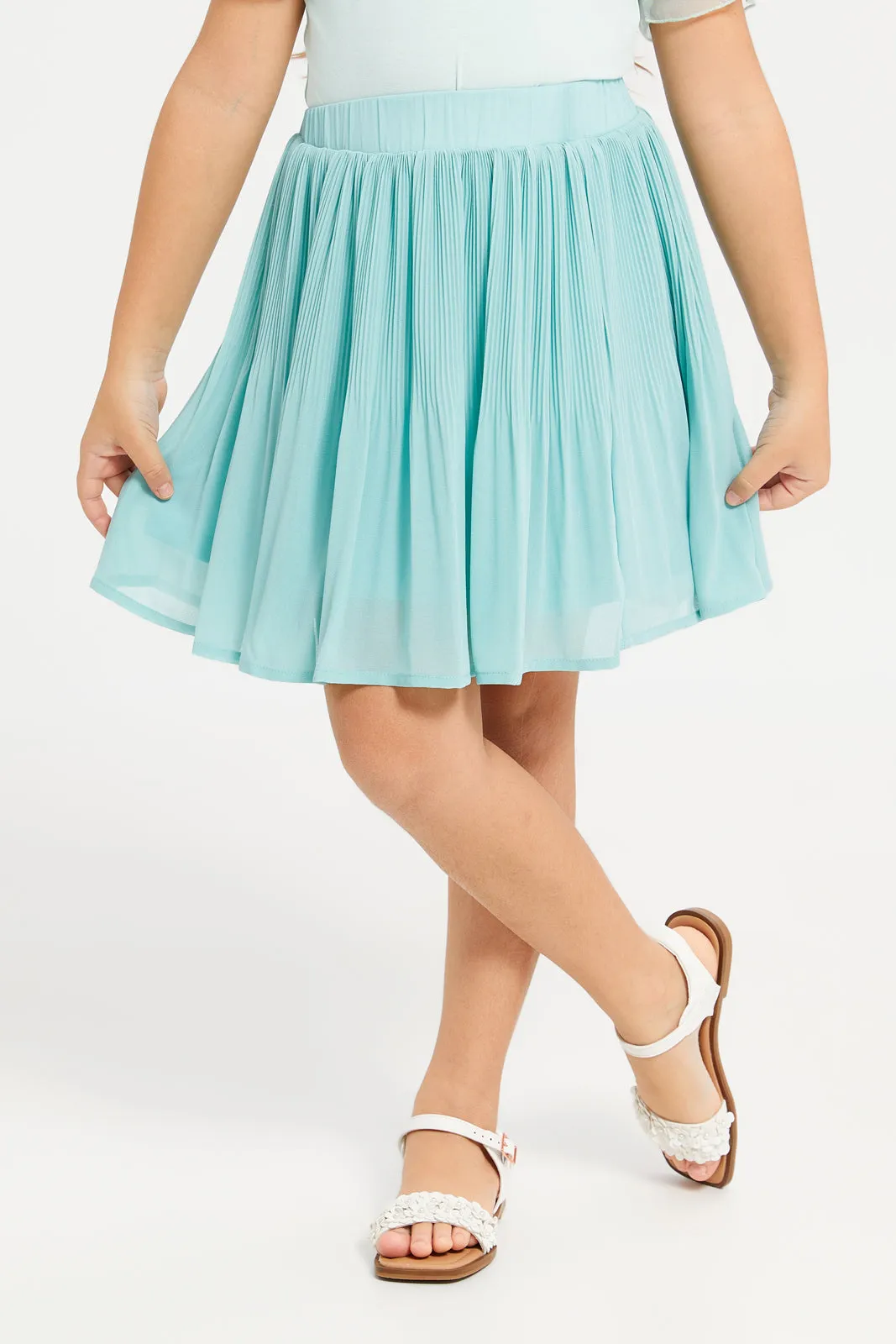 Girls Teal Pleated Skirt With T-Shirt Set (2 Piece)