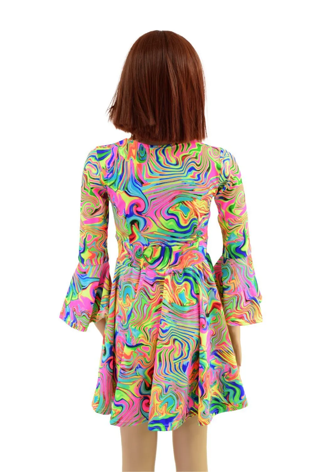 Girls Trumpet Sleeve Skater Dress in Neon Flux