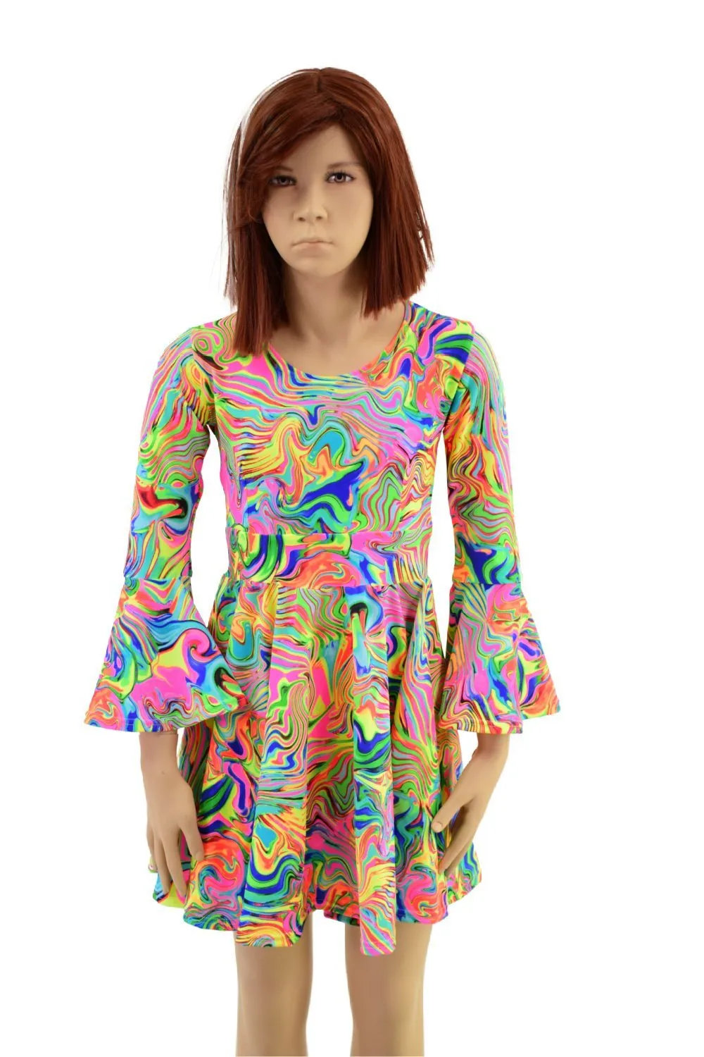 Girls Trumpet Sleeve Skater Dress in Neon Flux