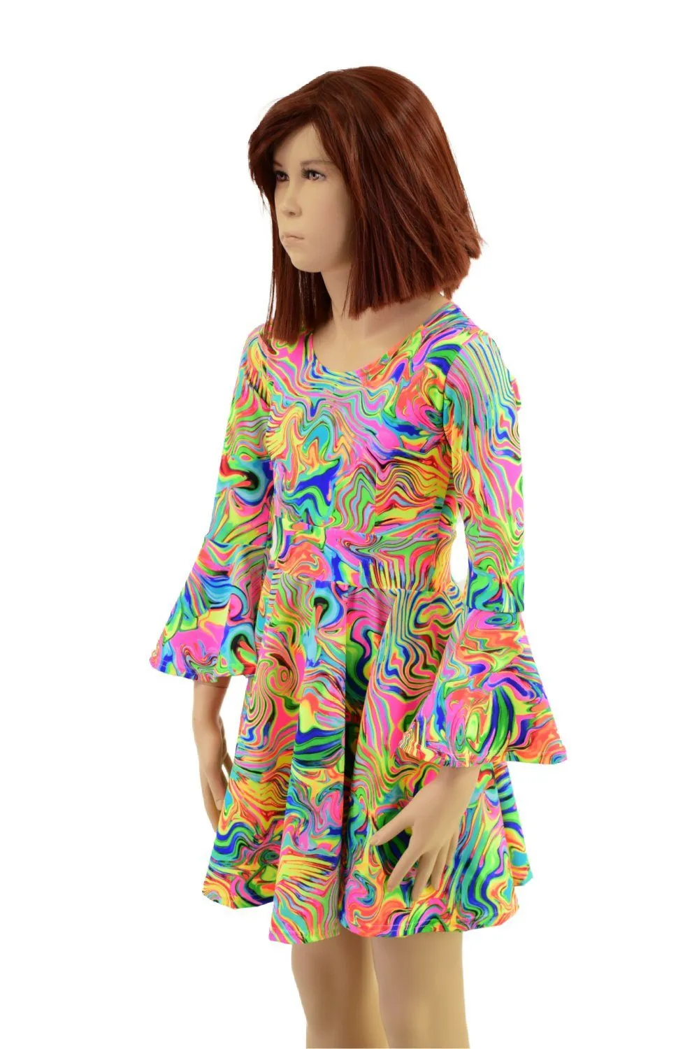 Girls Trumpet Sleeve Skater Dress in Neon Flux